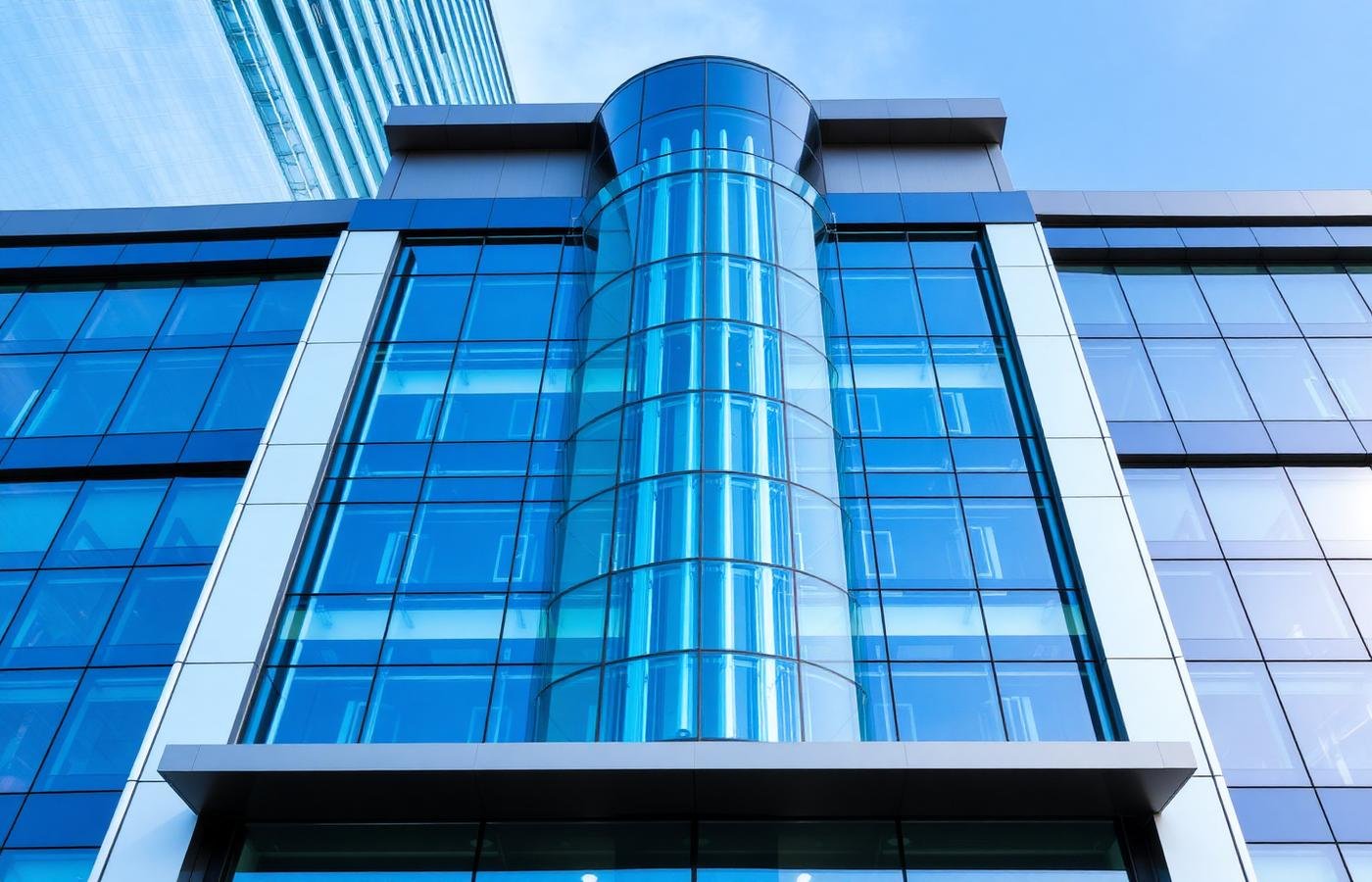 Glass elevator shaft on a modern commercial building