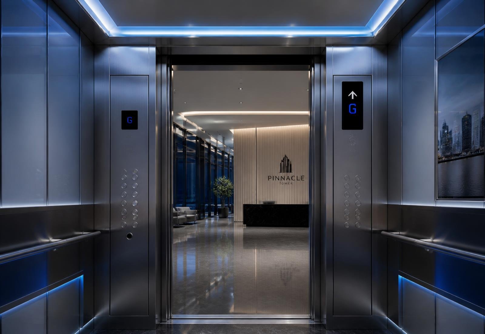 Modern elevator interior with blue accent lighting opening into a building lobby